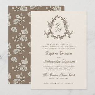 Braun vintage Blumenmonogramm-Wappen Hochzeit Einladung