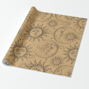 Braun Vintage Himmels- Sonnen Mond Sterne Geschenkpapier