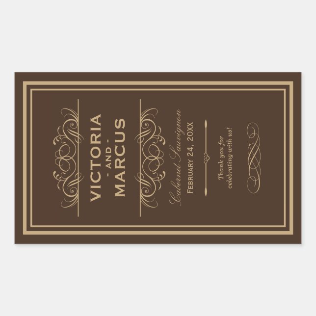 Braun Wedding Wein Flasche Monogramm Gefallen Rechteckiger Aufkleber (Vorderseite)