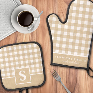 Braun-Weiß kariert mit Monogramm Ofenhandschuh & Topflappen-Set