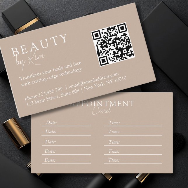Braun & Weiß, Minimal, elegant, Salon, QR-Code Terminkarte (Brown & White, Minimal, Elegant, Salon, QR-Code Appointment Card)