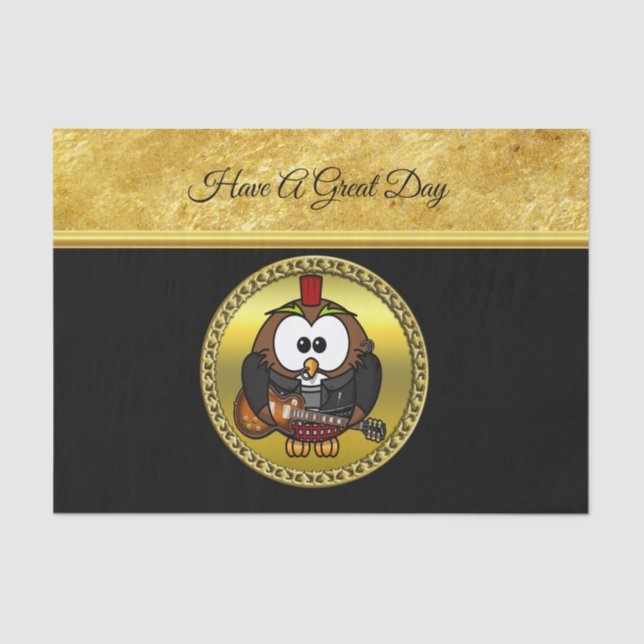 Braun-weiße Eule spielt Gitarre mit rotem Hut Seidenpapier (Vorderseite)