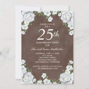 Braun-weiße florale 25. Hochzeitstag-Einladung Einladung