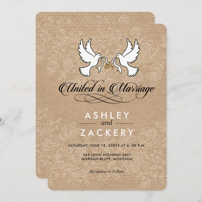 Braun, weiße Tauben Einladung Hochzeit (Vorne/Hinten)