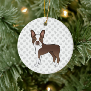 Braun-weißer Boston-Terrier-Cartoon-Hund & Pfoten Keramik Ornament
