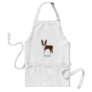 Braun-weißer Boston-Terrier-Cartoon-Hund und Name Schürze