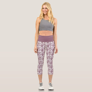 braun-weißes Blumenmuster Capri Leggings