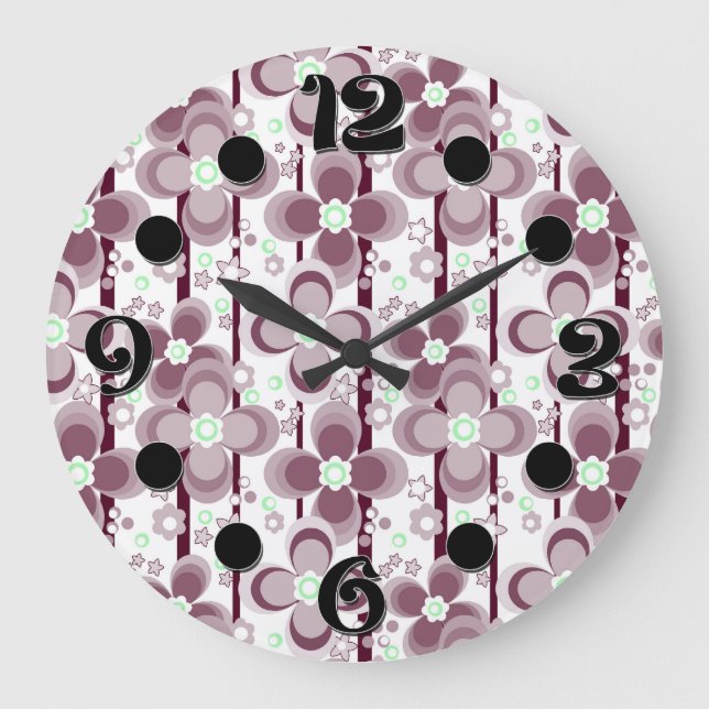 braun-weißes Blumenmuster Große Wanduhr (Vorderseite)