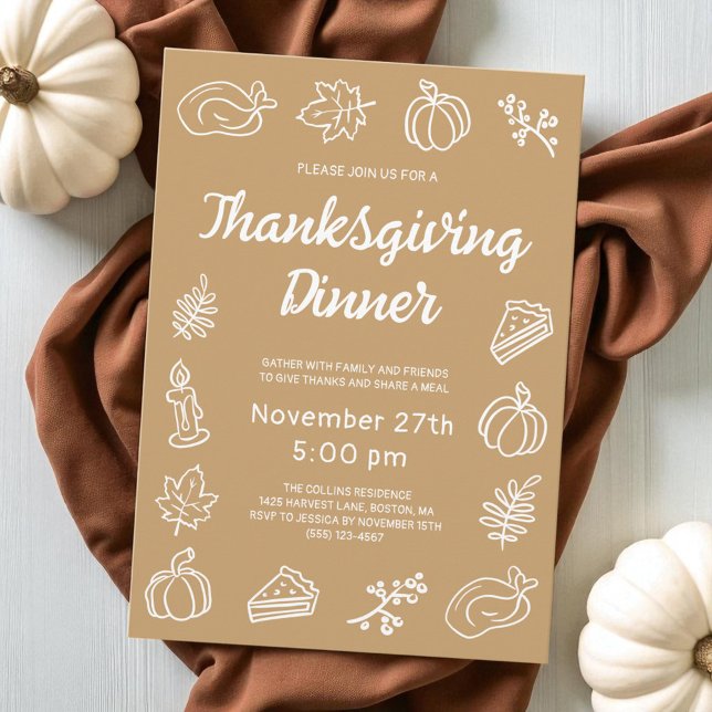 Braun Whimsical Handgezeichnet Moderner Erntedank Einladung (Modern Brown Doodle Pumpkin Thanksgiving Dinner Invitation)