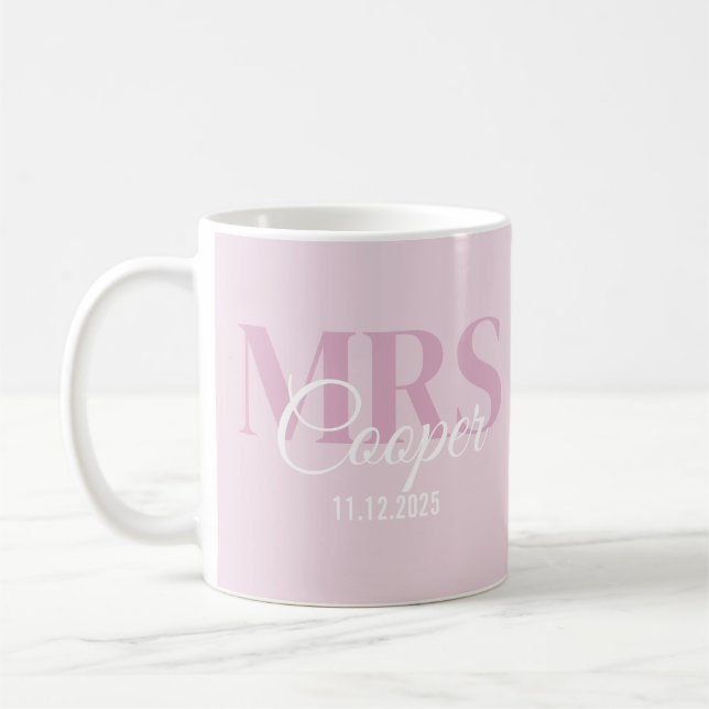 Brauname mit Hochzeitdatum Crimson Light Pink Kaffeetasse (Links)
