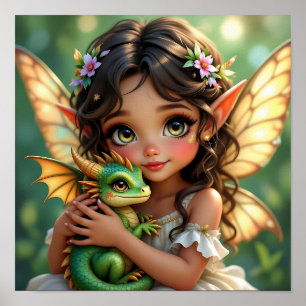 Braunäugige Elfenfee und Drache Poster