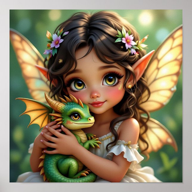 Braunäugige Elfenfee und Drache Poster (Vorne)