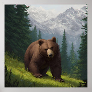 Braunbär auf einer Bergwiese Poster
