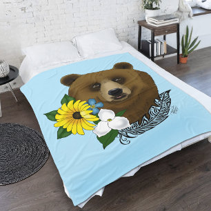 Braunbär Blaue Blumen Feder Wildnis Fleecedecke