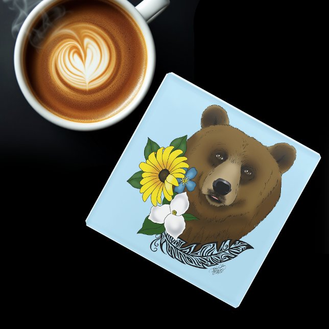 Braunbär Blaue Blumen Feder Wildnis Glasuntersetzer (Von Creator hochgeladen)