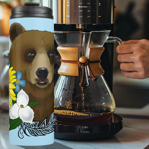 Braunbär Blaue Blumen Feder Wildnis Thermosbecher
