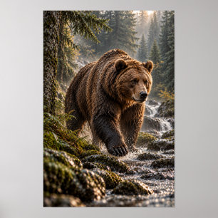 Braunbär, der durch einen Waldstrom watet, Wildlif Poster