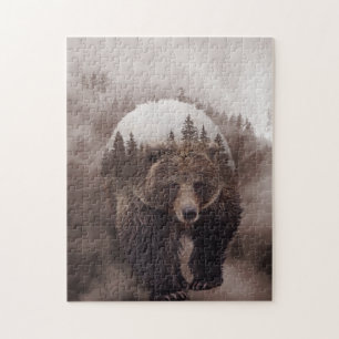 Braunbär-Doppelexposure Forest Poster Puzzle
