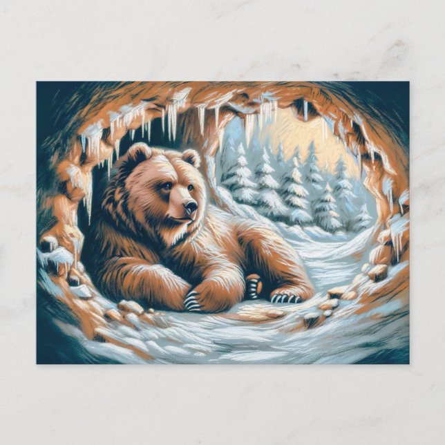 Braunbär im Winter Höhle Pastel Chalk Zeichnend Postkarte (Vorderseite)