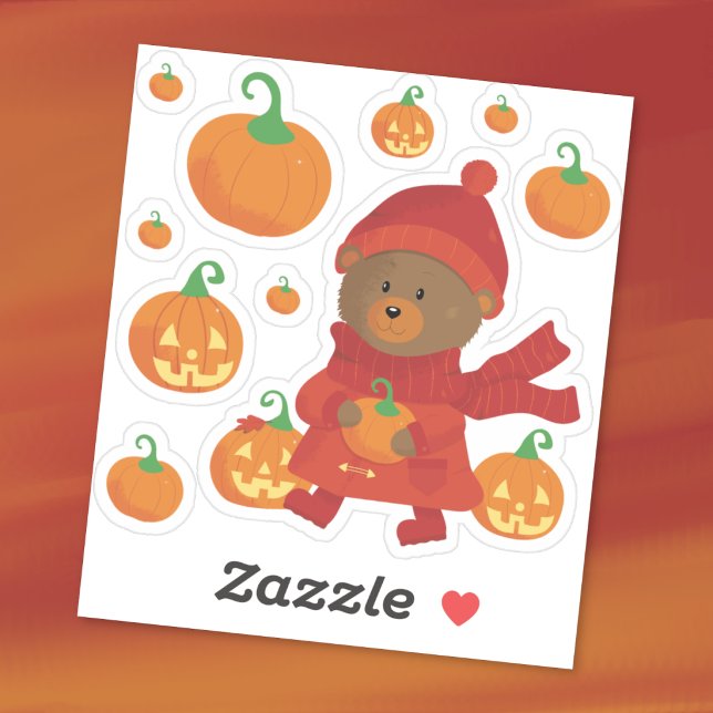 Braunbär in Kürbisfeld Aufkleber (Brown bear and pumpkins vinyl sticker pack
)