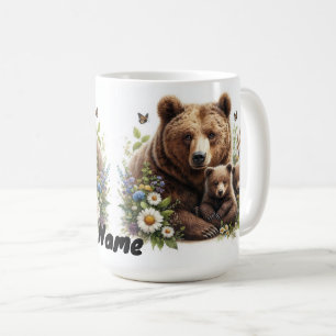 Braunbär mit Jungen auf blühender Wiese - Wildtier Kaffeetasse
