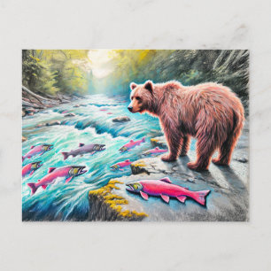 Braunbär Zeichnend Lachs Pastel Chalk Postkarte