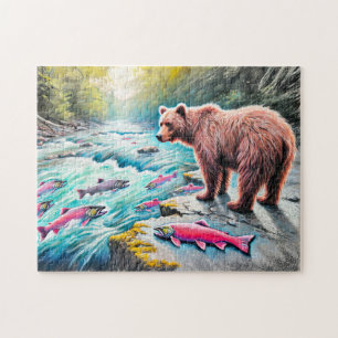 Braunbär Zeichnend Lachs Pastel Chalk Puzzle