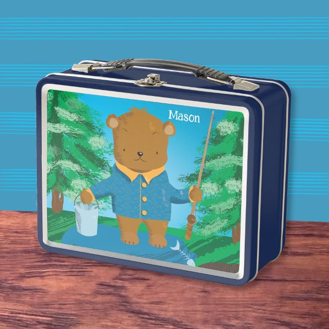 Braunbären-Kid-Metal-Lunchbox Metall Brotdose (Cartoon fishing brown bear kid lunch box with name . )