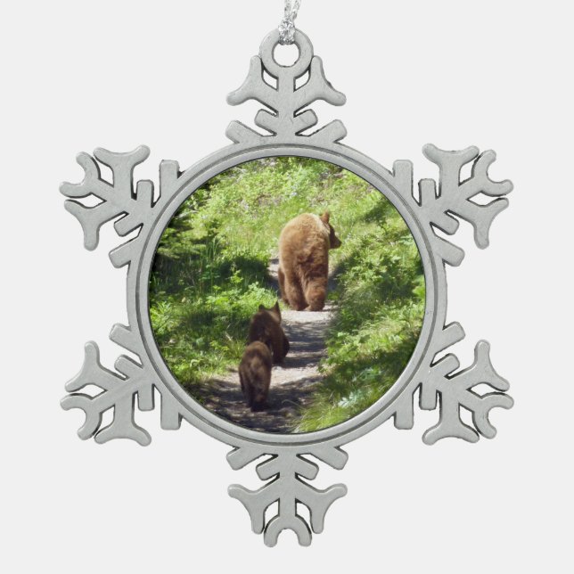 Braunbärenfamilie Schneeflocken Zinn-Ornament (Vorderseite)