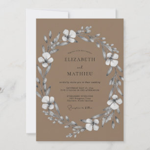 Braunbeige-Warme-Silber-Blüten-Hochzeit Einladung