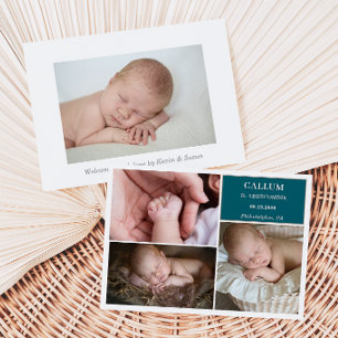 Braunblaue Babys Foto-Collage-Ankündigungskarte Einladung