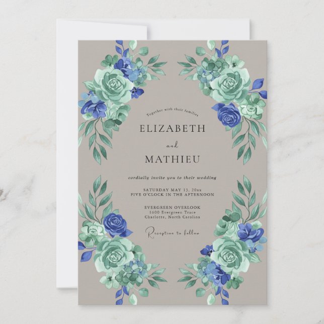 Braunblaue Blätterhochzeit Einladung (Vorderseite)
