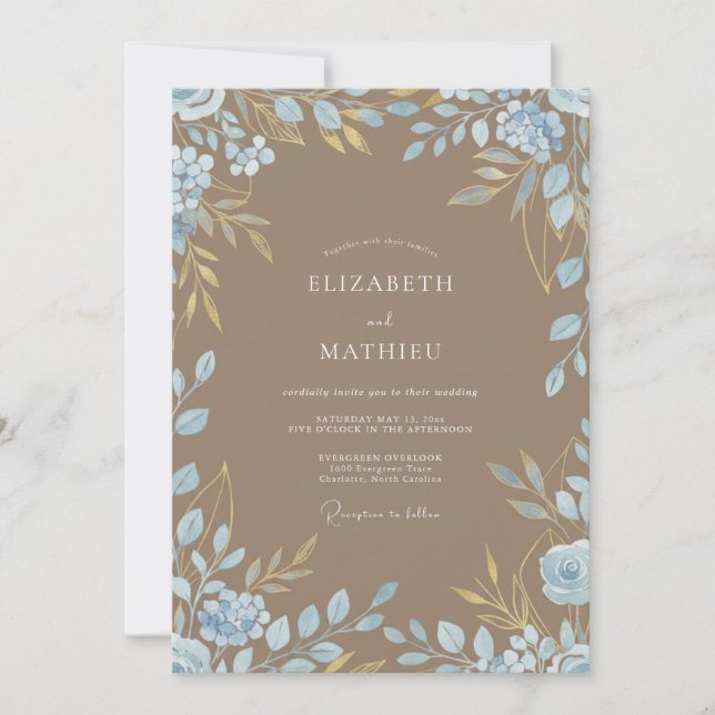 Braunblaue Eukalyptus-Hochzeit Einladung (Vorderseite)