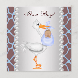 Braunblaue Giraffe-Storch-Baby-Junge-Party Einladung