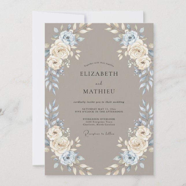 Braunblaue Rosenhochzeit Einladung (Vorderseite)