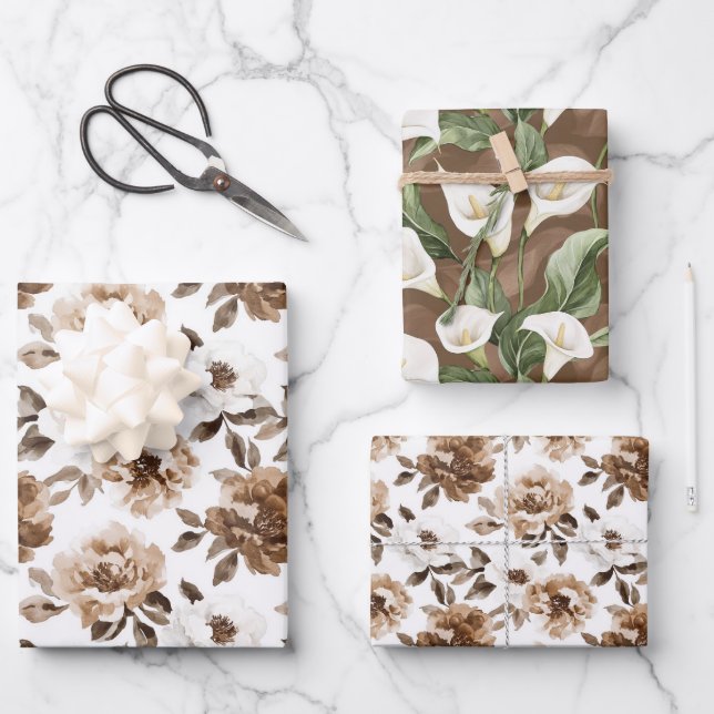 Brauncreme Weiße Blume Geburtstag Geschenkpapier Set (Vorderseite)