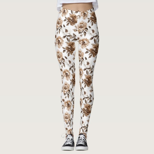 Brauncreme Weiße Blume Leggings (Vorderseite)