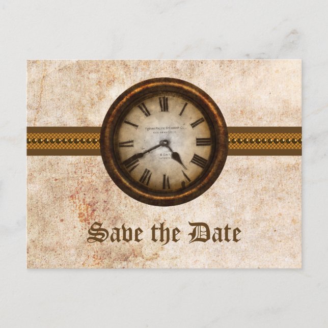 Braune antike Uhr Save the Date Postkarte (Vorderseite)
