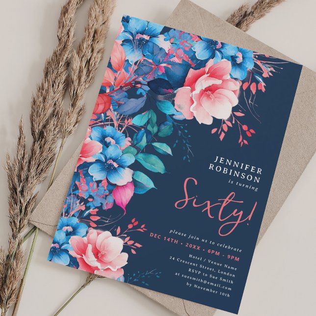 Braune Aquarellblume 60. Geburtstagsnacht Einladung (Bright Watercolor Floral 60th Birthday Navy Invitation)