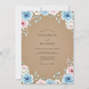 Braune Azurblaue Blütenblatt Hochzeit Einladung