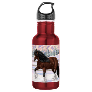 Braune Bay Gypsy Vanner Zugpferd im Schnee Edelstahlflasche
