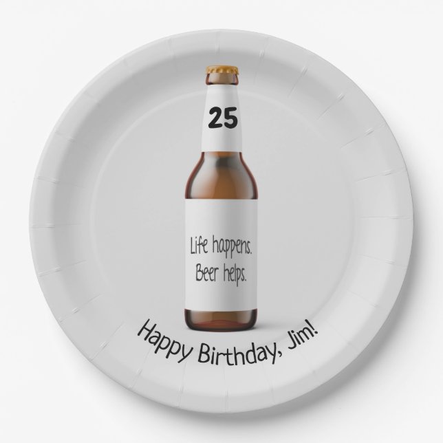 Braune Bierflasche zum 25. Geburtstag Pappteller (Vorderseite)