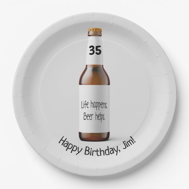 Braune Bierflasche zum 75. Geburtstag Pappteller (Vorderseite)