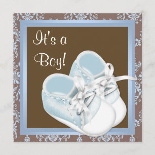 Braune Blaue Damast Schuhe Baby Junge Babyparty Einladung