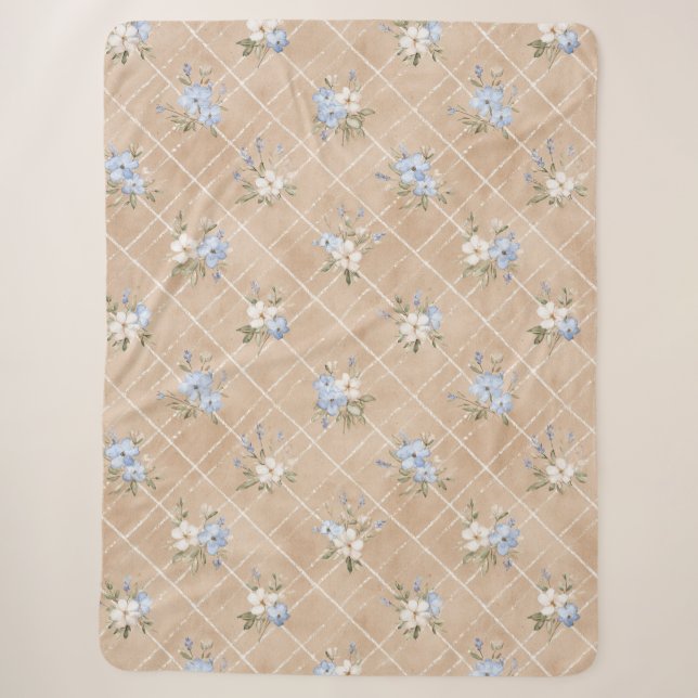 Braune Blaue Weiße Blumen Sherpadecke (Vorderseite)