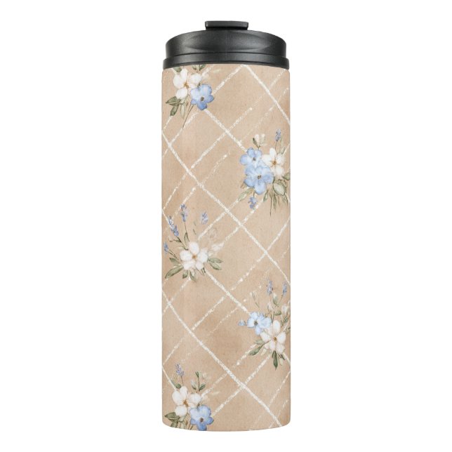 Braune Blaue Weiße Blumen Thermosbecher (Vorderseite)