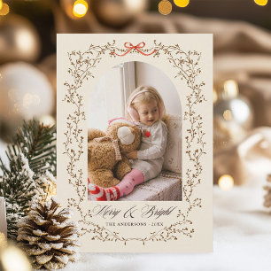 Braune botanische Schleife Merry & Bright Foto Feiertagskarte