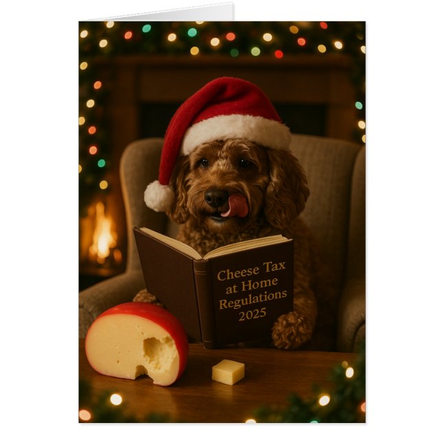 Braune Cockerpoo-Weihnachtskarte 'Käse-Steuer' (Vorne)