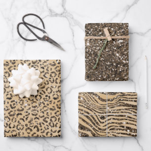 Braune Creme Glitzer Leopard Print Geschenkpapier Set