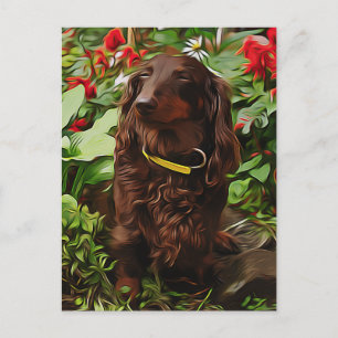 Braune Dackel im Garten mit Blume Postkarte